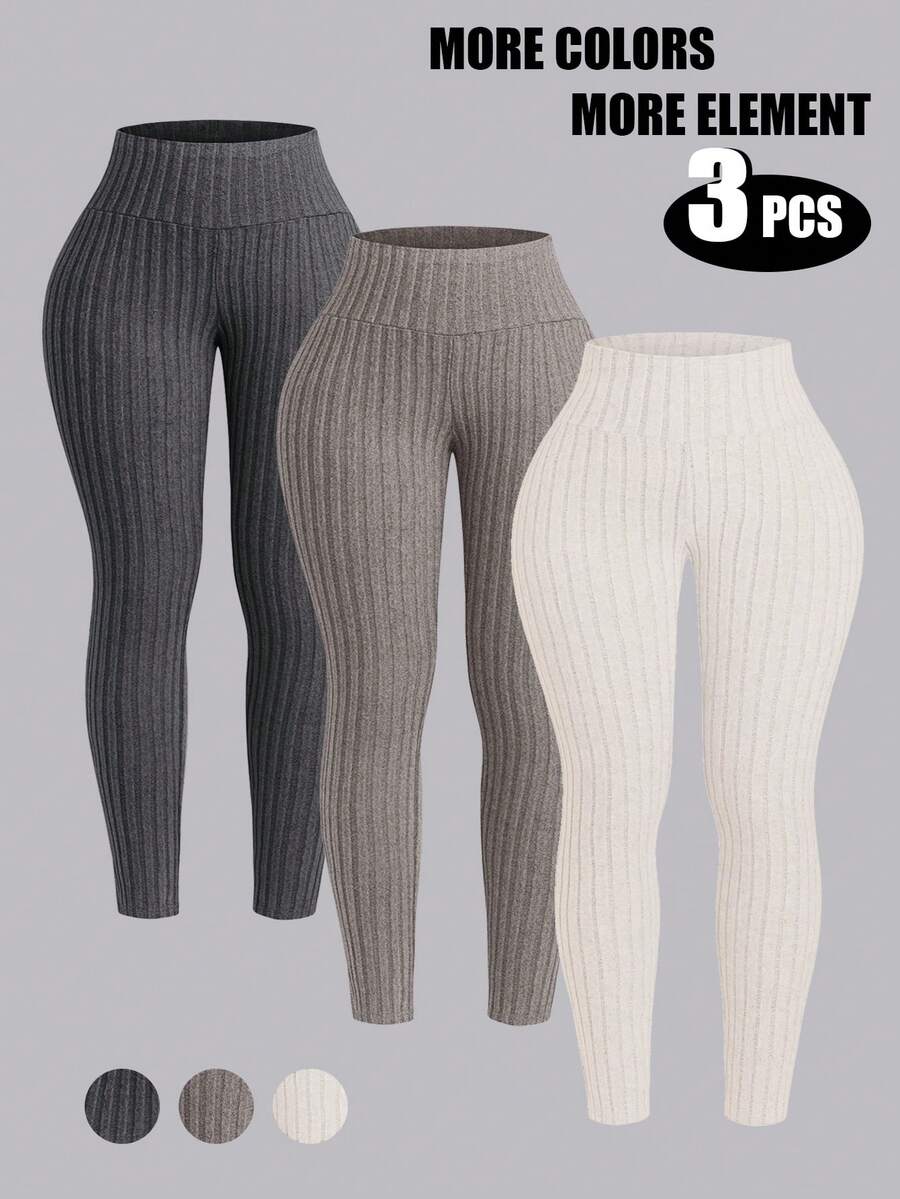 Airaco Bộ 3 chiếc quần legging nỉ gân màu trơn cỡ lớn. - Nhiều màu - Xem 1