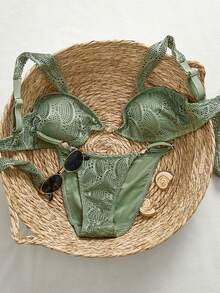 Swim Vcay Bộ bikini nữ mùa hè màu xanh quân đội với ren, dây đeo dày, trang trí vỏ sò kim loại, thích hợp đi biển. - xanh quân đội - Xem 3