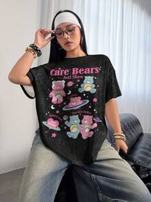SHEIN X Care Bears Plus Size Cartoon Cute Print Short Sleeve Crew Neck T-Shirt, Versatile For Summer, Full Print - White - View 6
