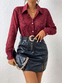 Aveloria Modichic Button Front Sheer Shirt Without Bra Elegant Business Casual Women Button Up Shirt Women  - Burgundy - View 3