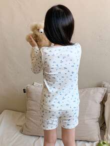 DAZY Young Girl Ditsy Floral Round Neck Long Sleeve Bow Decor Long Sleeve Top And Shorts Pajama Set - Beige - View 2