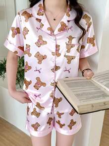 Set Piyama Musim Panas 2pcs untuk Anak Perempuan, Kasual dan Nyaman, Motif Beruang, Atasan Polo Lengan Pendek dan Celana Pendek. - Berwarna merah muda - View 3