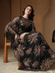 Anewsta Vestido solto com bordado elegante e cintura marcada, ideal para primavera e verão, ocasiões elegantes, Dia dos Namorados, Carnaval, festas, com lantejoulas e para casamentos. Cor: Preto. - Preto - Ver 2