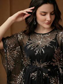Anewsta Vestido solto com bordado elegante e cintura marcada, ideal para primavera e verão, ocasiões elegantes, Dia dos Namorados, Carnaval, festas, com lantejoulas e para casamentos. Cor: Preto. - Preto - Ver 1