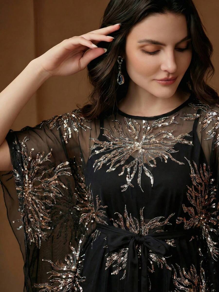 Anewsta Vestido solto com bordado elegante e cintura marcada, ideal para primavera e verão, ocasiões elegantes, Dia dos Namorados, Carnaval, festas, com lantejoulas e para casamentos. Cor: Preto. - Preto - Ver 1