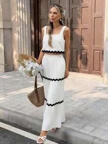 Pariaura Elegant Black And White Contrast Wave Ribbon Two Pieces Set,Square Neck Cami & Tiered Maxi Skirt,Summer Holiday Tea Party Chic Slim-Fit Vintage Set - White - View 6
