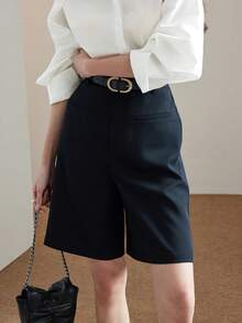Heiryn Women's Casual Everyday Bermuda Shorts, Solid Color, Minimalist Style, Suitable For Work Commute, Summer - Black - View 5