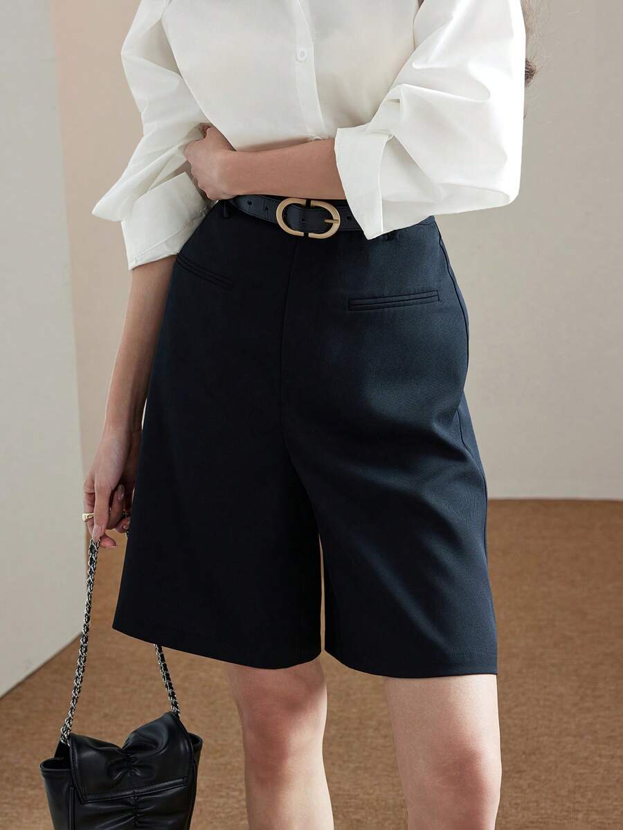 Heiryn Women's Casual Elegant Smart Everyday Bermuda Shorts, Solid Color, Minimalist Style, Suitable For Work Office Commute, Summer Black