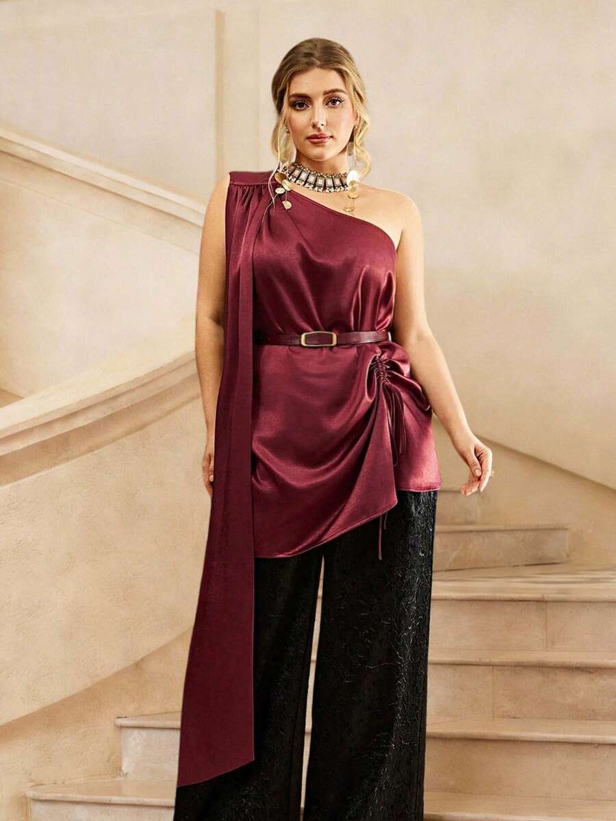 VOLUPTÉ CURVE Plus Size Summer Burgundy Asymmetric Cape Top With Black Pants Two-Piece For Parties, Going Out, Receptions, Graduation, Birthdays - Rust Brown - View 1