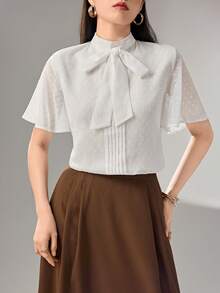 Heiryn Blouse élégante à manches volantées avec col noué, couleur unie, pour le bureau et les déplacements, été - Blanc - Voir 7