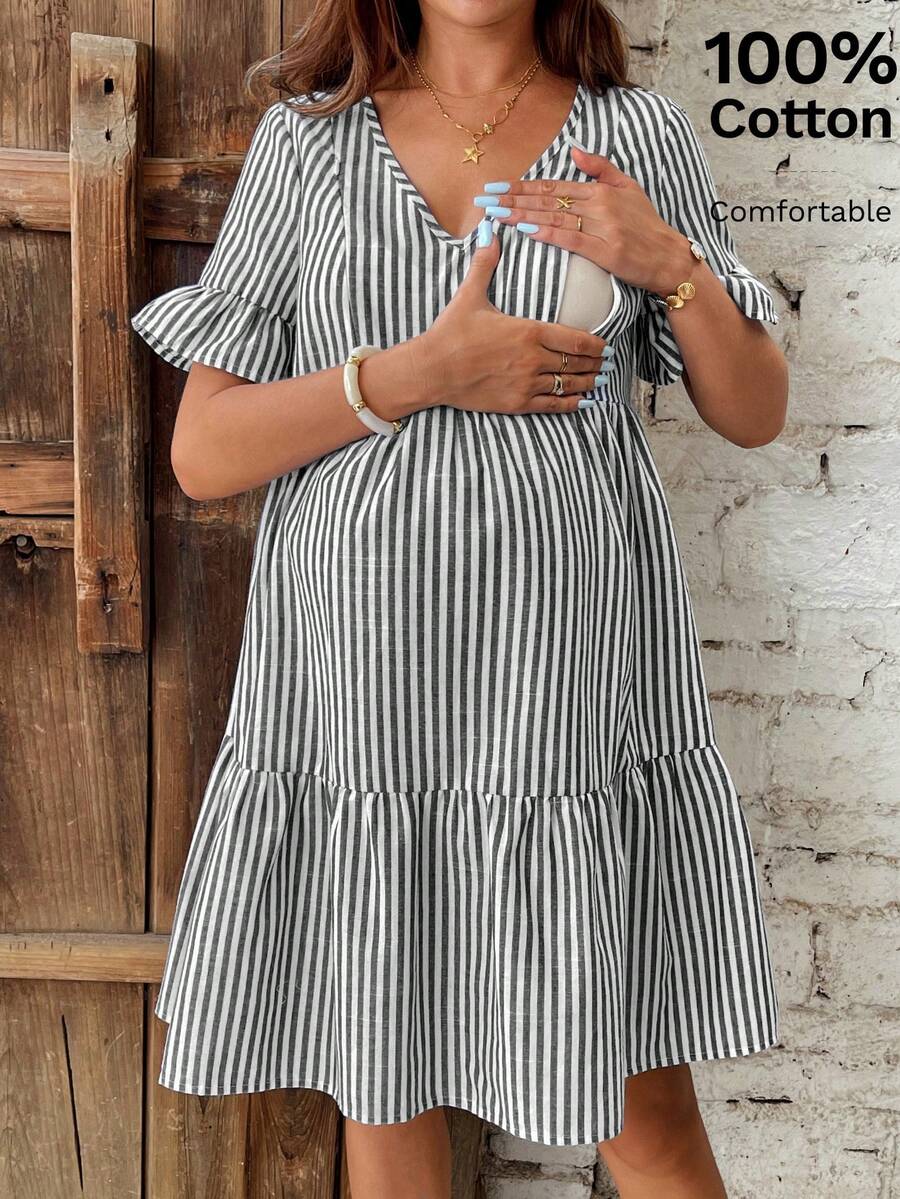 SHEIN Maternity & Nursing Casual Striped Ruffle Hem Dress For Summer - Black and White - View 1