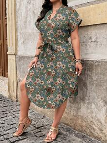 EMERY ROSE Plus Size Women V-Neck Floral Print Knotted Waist Casual Dress, Suitable For Summer - Multicolor - View 6