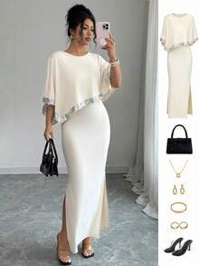 SHEIN Clasi Elegant Casual Color Block Batwing Sleeve Sequin Decor Round Neck Cape Dress For Women, Spring/Summer - Apricot - View 1
