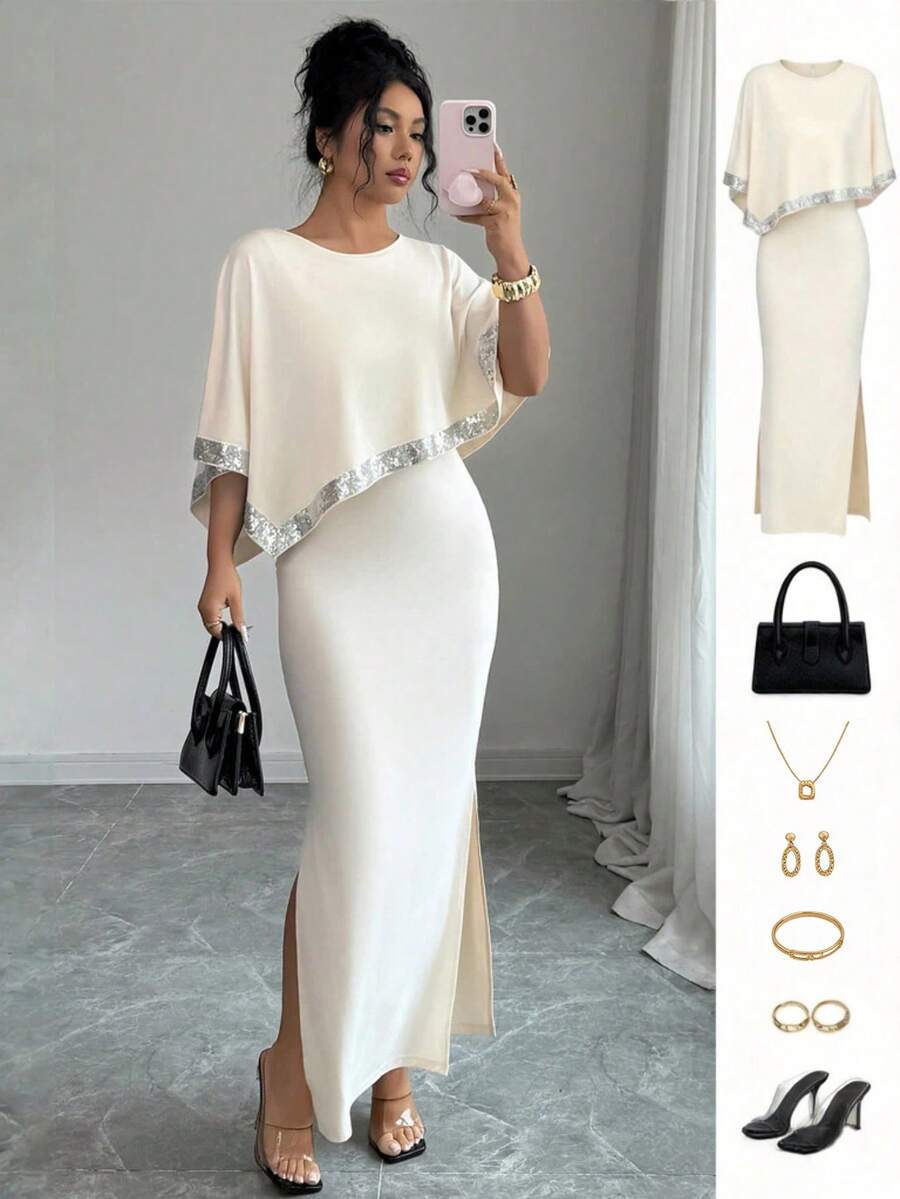 SHEIN Clasi Elegant Casual Color Block Batwing Sleeve Sequin Decor Round Neck Cape Dress For Women, Spring/Summer - Apricot - View 1