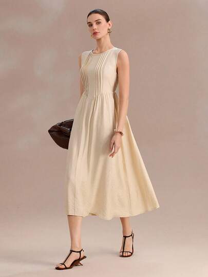 Uhlyne Women's Summer French Style Casual Minimalist V-Neck Sleeveless Waist Cinched Textured Long Khaki Casual Dress