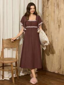 Côtesoire Contrast Color Lace Patchwork Jacquard Square Collar Oversized Short Sleeve Long Nightgown Home Dress For Women Women Pajama Dress Sleep Wear Women Dress Lounge Dress For Women Women Lounge Dress Women Sleepwear Dress - Coffee Brown - View 6