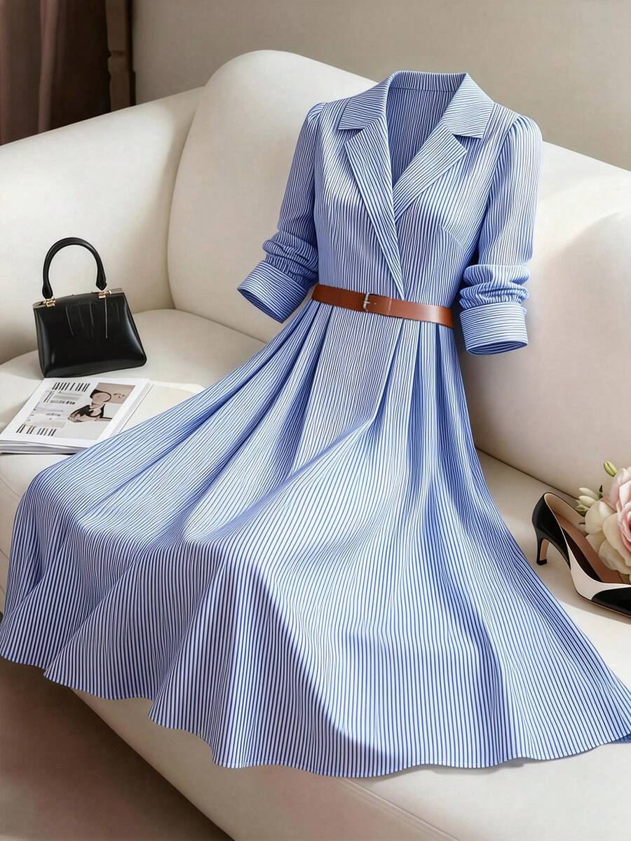 GlowEve Women's Elegant Casual Long Striped Shirt Dress With Waist Cinching, Daily Wear - Blue and White - View 1