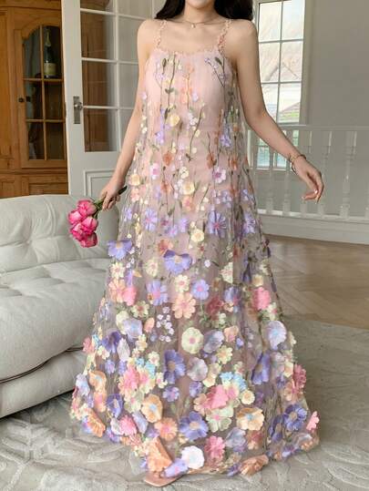 DAZY Rochie de vară pentru femei cu decor floral 3D din plasă, stil elegant de vacanță