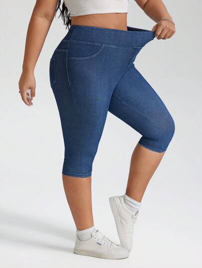 SHEIN CURVE+ Quần jeans dáng ôm cạp cao, chất liệu wash, cỡ lớn, kiểu dáng thường ngày.