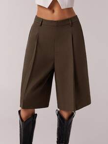 SHEIN PETITE CURVE Women's Minimalist Bermuda Shorts, Gray, Suitable For Commuting, Spring - Brown - View 4