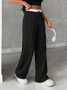 SHEIN Cottnline Contrast Color Waist Tie Casual Loose Cotton Sweatpants Everyday Formal Black And White Summer - Black - View 5