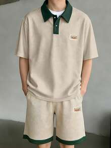 Manfinity Hypemode Conjunto de camiseta polo de hombre con cuello acanalado de textura jacquard y 3 botones - Albaricoque - Ver 2