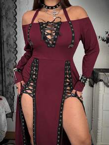 Whyspr Plus Size Women's Halter Neck Criss-Cross Tie Slit Dress - Burgundy - View 3