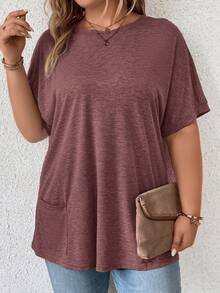 SHEIN LUNE Camiseta de manga de murciélago con bolsillos dobles, informal y de verano, talla grande - Burdeos - Ver 4