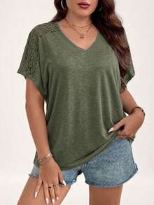 SHEIN LUNE Plus Size Solid Color V-Neck Lace Raglan Sleeve Loose Casual T-Shirt - Olive Green - View 1