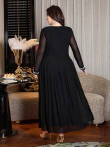Modelyn Plus Size Women's Shiny Pearl & Rhinestone Embellished Elegant Waist Cinched Soft & Comfortable Long Sleeve Dress, Suitable For Formal Events - Black - View 2