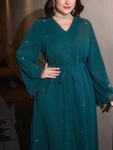 Al Najma Plus Size Women's Elegant Long Chiffon Dress With Rhinestone Embellishment, Loose Fit, Suitable For Spring And Autumn - Green - View 1