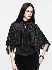 ROMWE Goth 女士复古龙纹植绒立领金属纽扣不对称下摆披肩上衣 - 黑色 - 查看 5