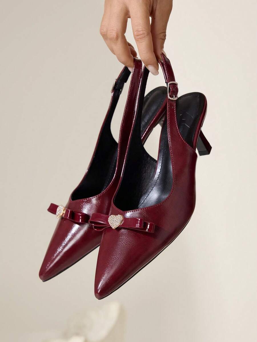 CUCCOO CHICEST 女士鞋履春夏新款。尖头细跟高跟鞋，浪漫优雅酒红色，饰有钻石爱心搭扣，女士高跟单鞋，礼服鞋，婚鞋，葡萄酒季系列，情人节优雅百搭。 - 酒紅色 - 查看 1