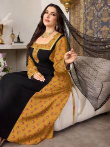 Modelyn 大码女式拼接花卉串珠印花优雅连衣裙 - 黃色 - 查看 4