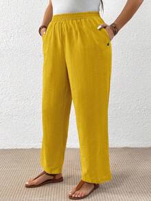 EMERY ROSE Plus Size Women Casual Mustard Yellow Linen Pants,Summer Boho Vacation Holiday Solid Color Elastic Waist Loose Wide Leg Trousers With Side Pockets - Yellow - View 8