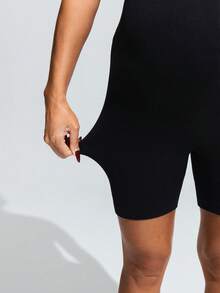 SHEIN Rompi Olahraga Hamil Warna Polos Elastis Bernapas, dengan Desain Cup. - Hitam - View 5