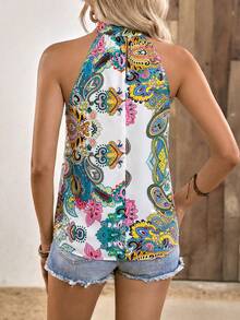 SHEIN Clasi Paisley Print Criss-Cross Backless Summer Fashion Vacation Tank Top - White - View 2