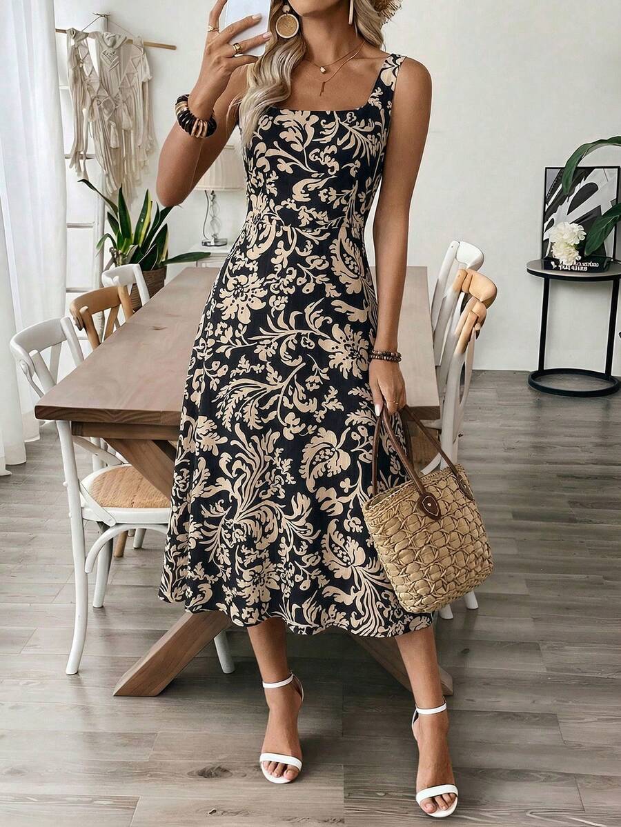 EMERY ROSE Đầm lửng không tay in hoa dành cho nữ, thích hợp cho kỳ nghỉ hè. - Màu Khaki - Xem 1