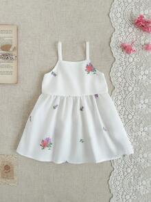 SHEIN Vestido casual de niña pequeña con bordado floral en los tirantes, cómodo y suave, adecuado para salidas de primavera/verano, regalo - Blanco - Ver 4
