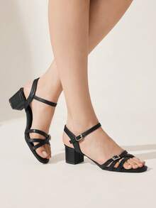 CUCCOO CHICEST Sandálias femininas elegantes com salto grosso, bico quadrado e tiras cruzadas com fivela de strass, ideais para uso diário e ocasiões especiais. - Preto - Ver 3