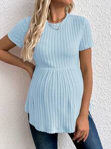 SHEIN Maternity Ribbed Peplum Short Sleeve T-Shirt - Baby Blue - View 4