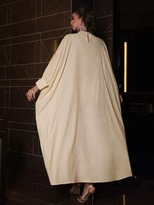 Al Najma Elegant Beaded & Rhinestone Embellished Fitted Batwing Sleeve Dress, Spring/Summer - Apricot - View 3