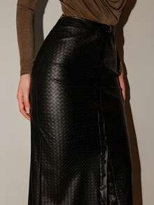 Bris Aura 优质女士纯色编织风格皮革高腰修身铅笔裙，装饰性腰带扣，优雅通勤商务休闲女士，办公室警笛，西装风格，适合夏季/秋季 - 黑色 - 查看 6