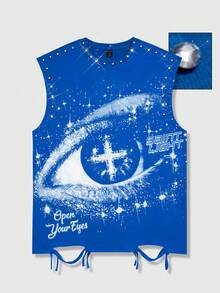 ROMWE MEN Street Life Punk Street Style Graphic Print Sleeveless Crew Neck Tank Top With Rhinestones & Distressed Details, Men Summer - Blue - View 4