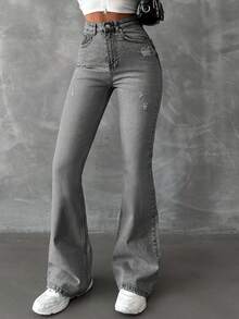 98%Cotton Zipper Fly Distressed Bell Bottom Jeans - Grey - View 5