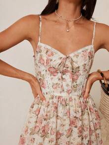 Enchnt Đầm hai dây nữ in hoa, viền bèo nhún, kiểu dáng thường ngày. - Nhiều màu - Xem 2