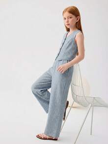 SHEIN Bộ đồ 2 món cho bé gái tuổi teen, gồm áo vest kẻ sọc và quần ống rộng, thích hợp cho kỳ nghỉ. - Xanh và trắng - Xem 5