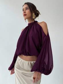 Aloruh Women's Elegant Pleated Lantern Sleeve Cropped Top, Summer - Purple - View 6