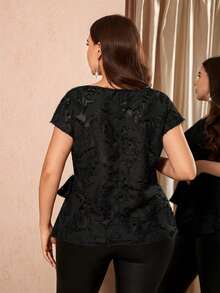 Reflora Plus Size Women's Solid Color Round Neck Cap Sleeve Side Tie Blouse - Black - View 2