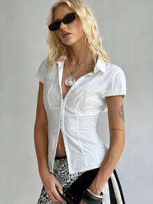 TRNVIE Women's White Casual Collared Embroidered Woven Fabric Cap Sleeve Semi-Sheer Shirt Blouse Regular Length - White - View 8